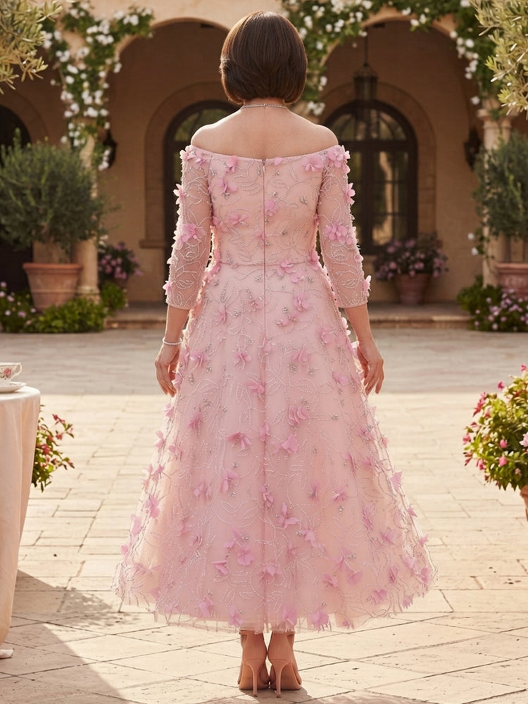 Tulle A-Line Off the Shoulder Midi Mother of the Bride Dresses with 3D Flowers