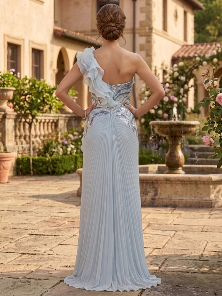 Chiffon Mermaid One Shoulder Long Mother of the Bride Dresses with Ruffles