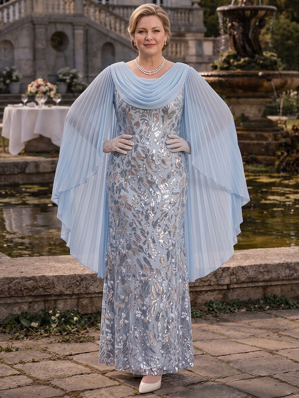 Sequin Mermaid Cowl Neck Long Mother of the Bride Dresses with Pleated