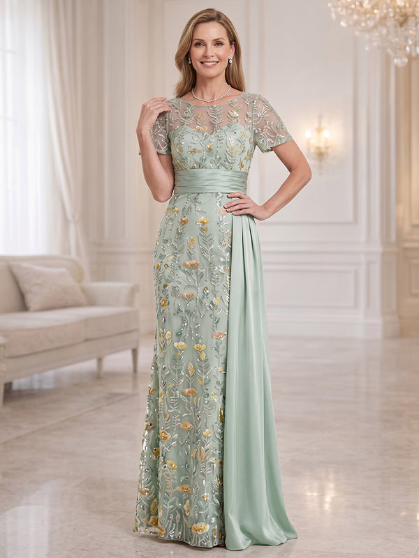 Embroidery Mermaid Boat Neck Long Mother of the Bride Dresses with Pleated
