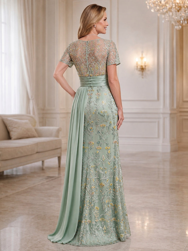 Embroidery Mermaid Boat Neck Long Mother of the Bride Dresses with Pleated