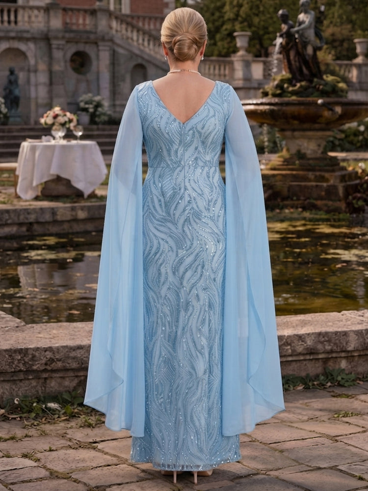 Sequin Mermaid V Neck Long Mother of the Bride Dresses with Pleated