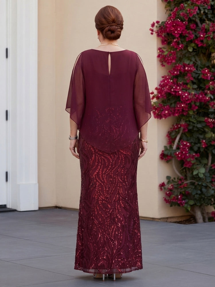 Sequin Mermaid Boat Neck Long Mother of the Bride Dresses with Pleated