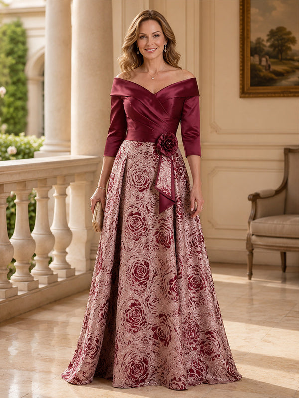 Satin Jacquard A-Line Off the Shoulder Long Mother of the Bride Dresses with 3D Flowers