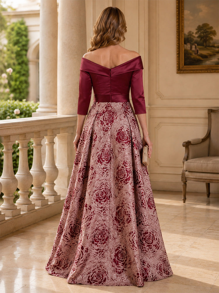Satin Jacquard A-Line Off the Shoulder Long Mother of the Bride Dresses with 3D Flowers