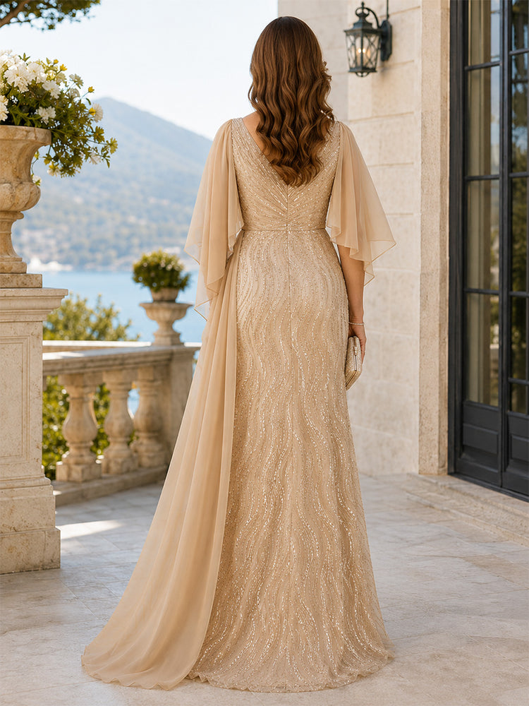 Sequin A-Line V Neck Long Mother of the Bride Dresses with Pleated