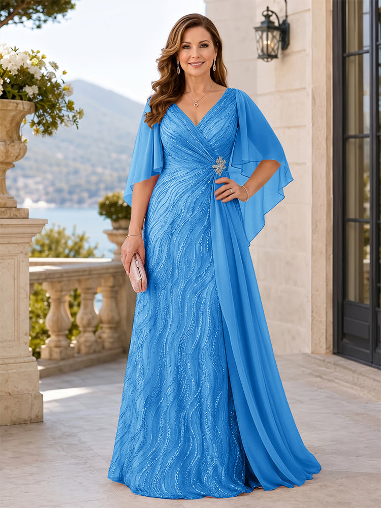 Sequin A-Line V Neck Long Mother of the Bride Dresses with Pleated