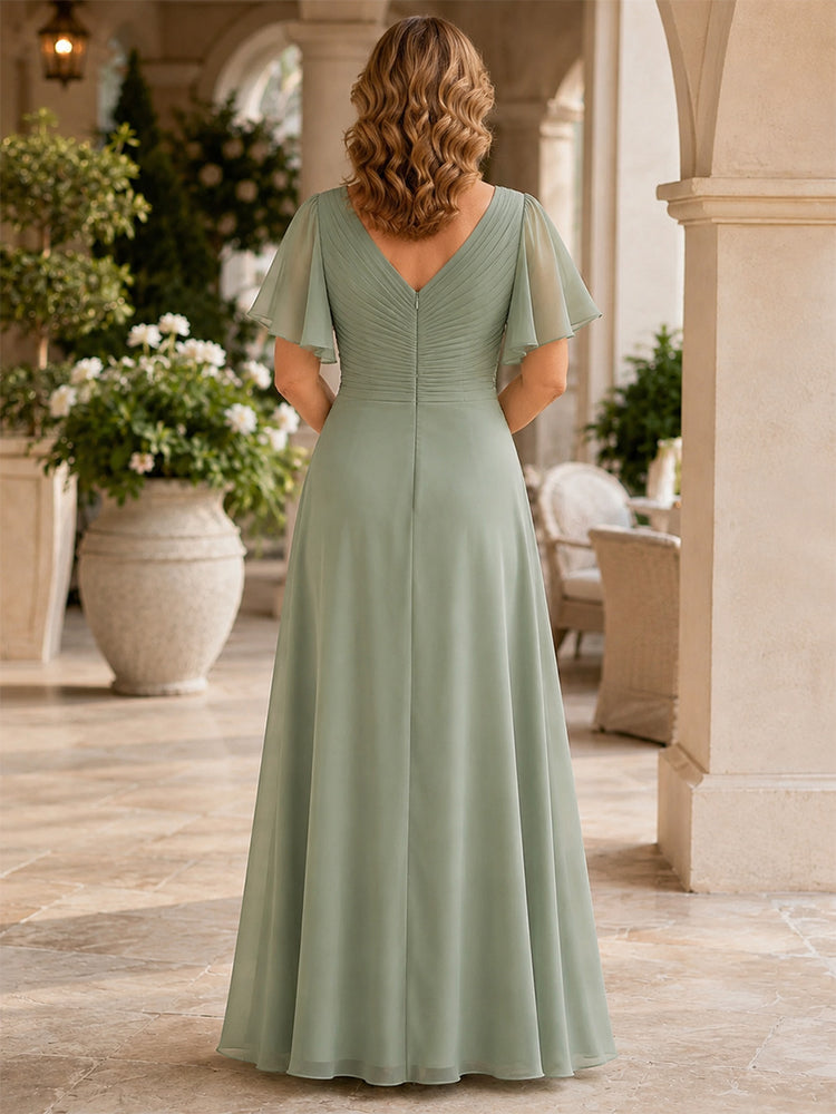 Chiffon Mermaid V Neck Long Mother of the Bride Dresses with Pleated