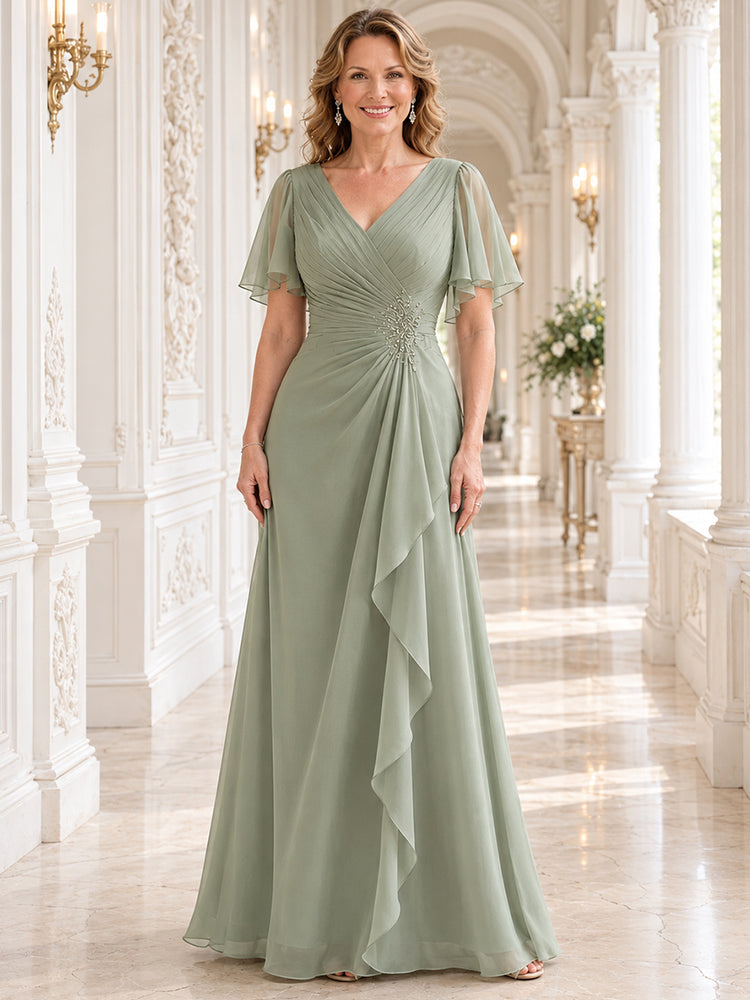 Chiffon Mermaid V Neck Long Mother of the Bride Dresses with Pleated