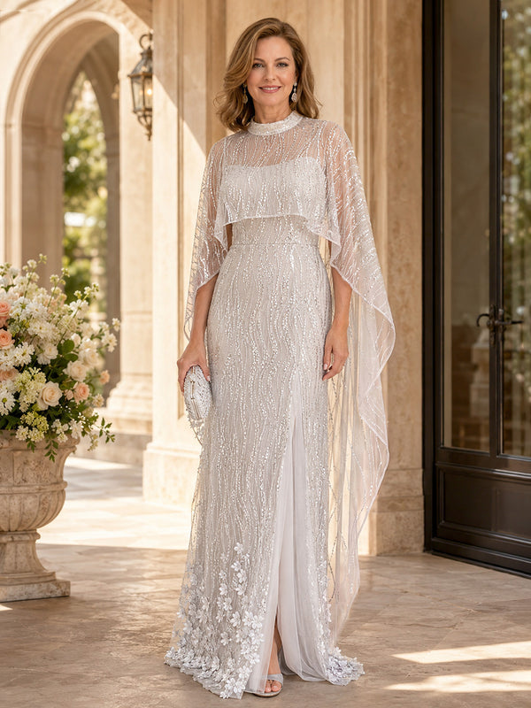 Sequin Mermaid High Neck Long Mother of the Bride Dresses with Slit