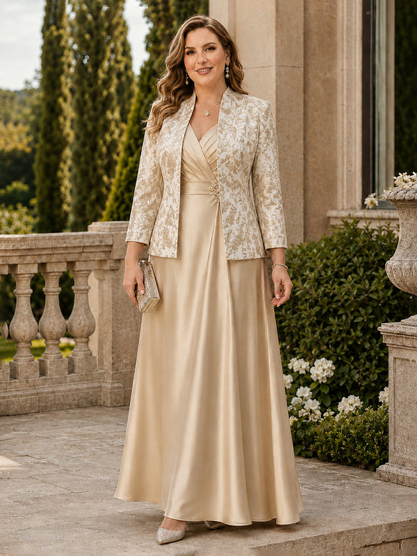 Satin Jacquard A-Line V Neck Long Mother of the Bride Dresses with 2 Pieces