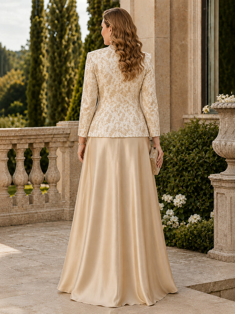 Satin Jacquard A-Line V Neck Long Mother of the Bride Dresses with 2 Pieces