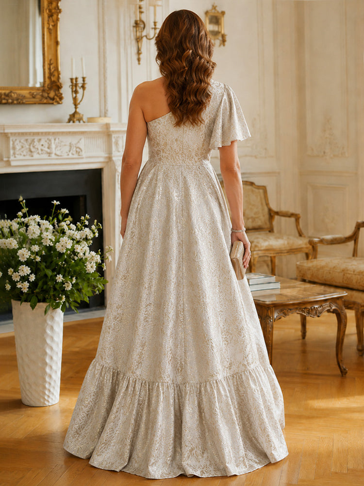 Satin Jacquard A-Line One Shoulder Long Mother of the Bride Dresses with Pleated