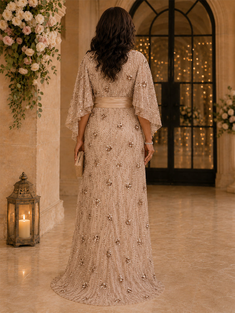 Sequin Mermaid Scoop Neck Long Mother of the Bride Dresses with Slit