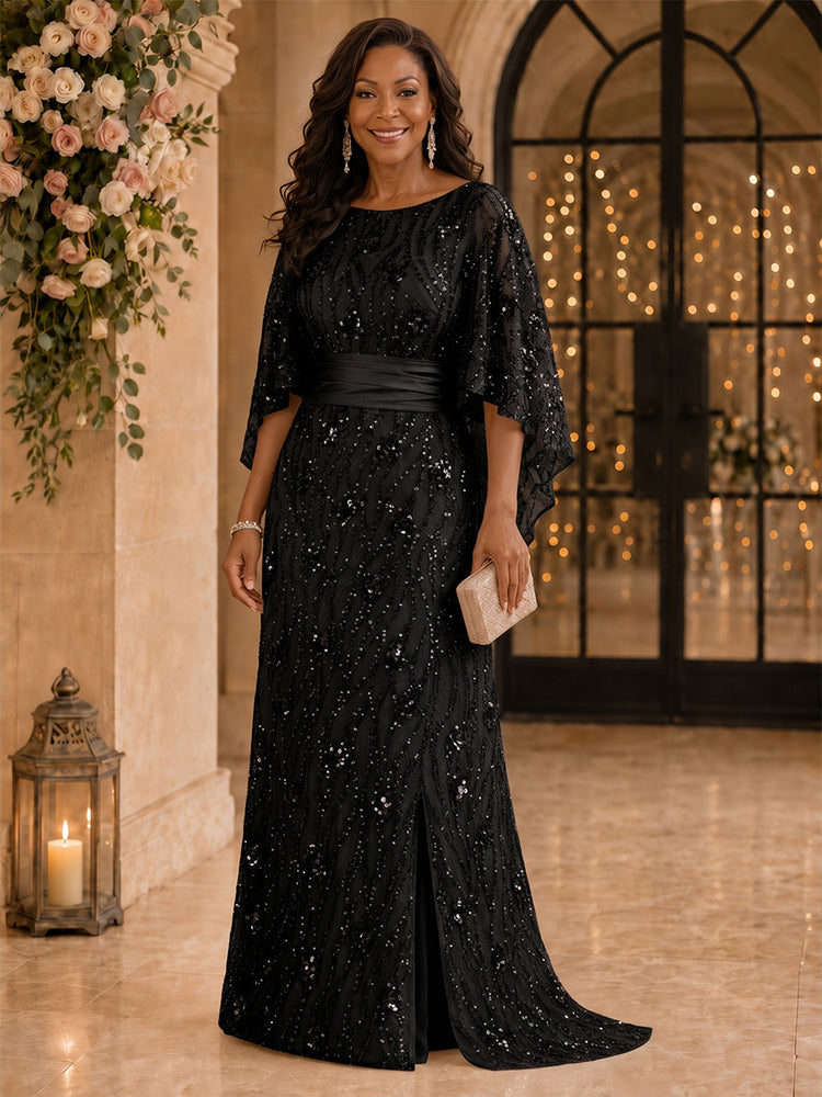 Sequin Mermaid Scoop Neck Long Mother of the Bride Dresses with Slit