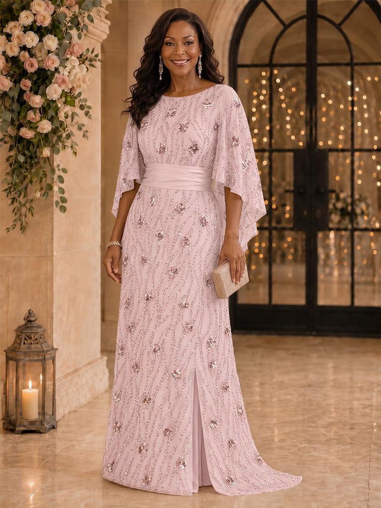 Sequin Mermaid Scoop Neck Long Mother of the Bride Dresses with Slit