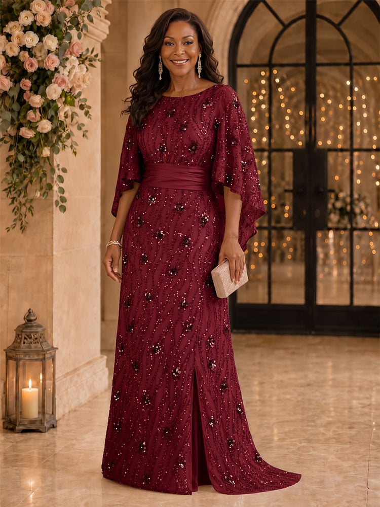 Sequin Mermaid Scoop Neck Long Mother of the Bride Dresses with Slit
