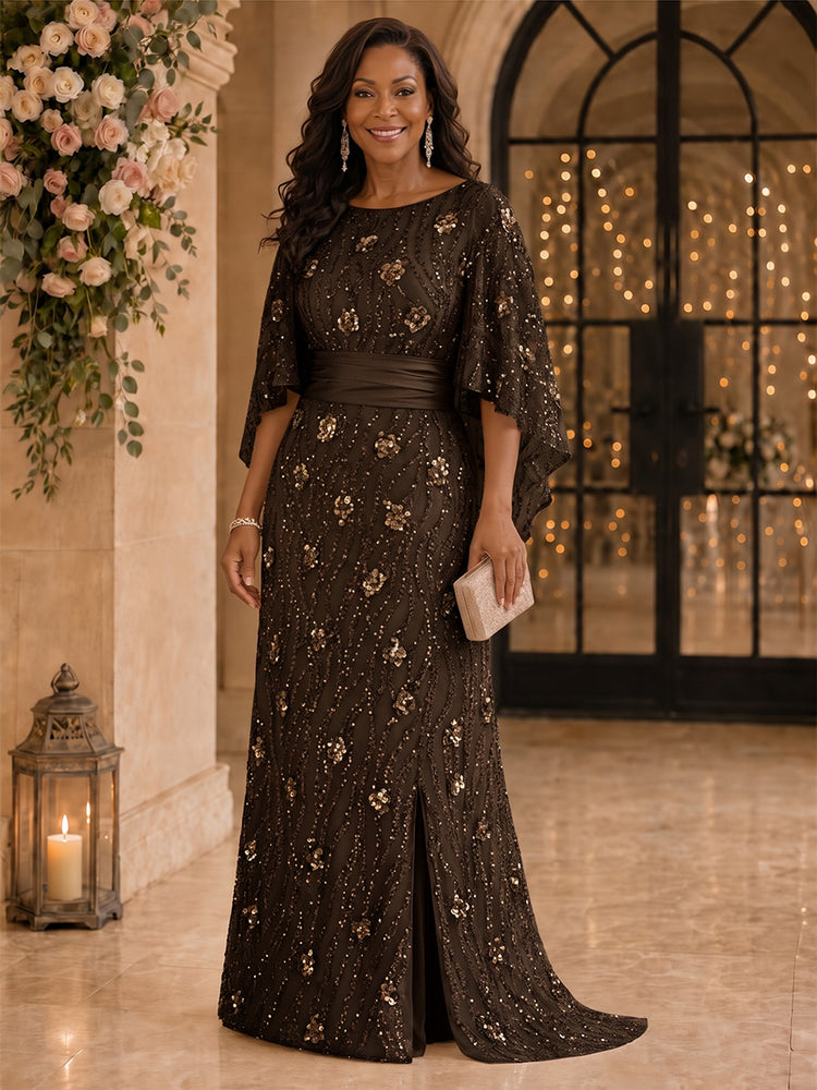 Sequin Mermaid Scoop Neck Long Mother of the Bride Dresses with Slit