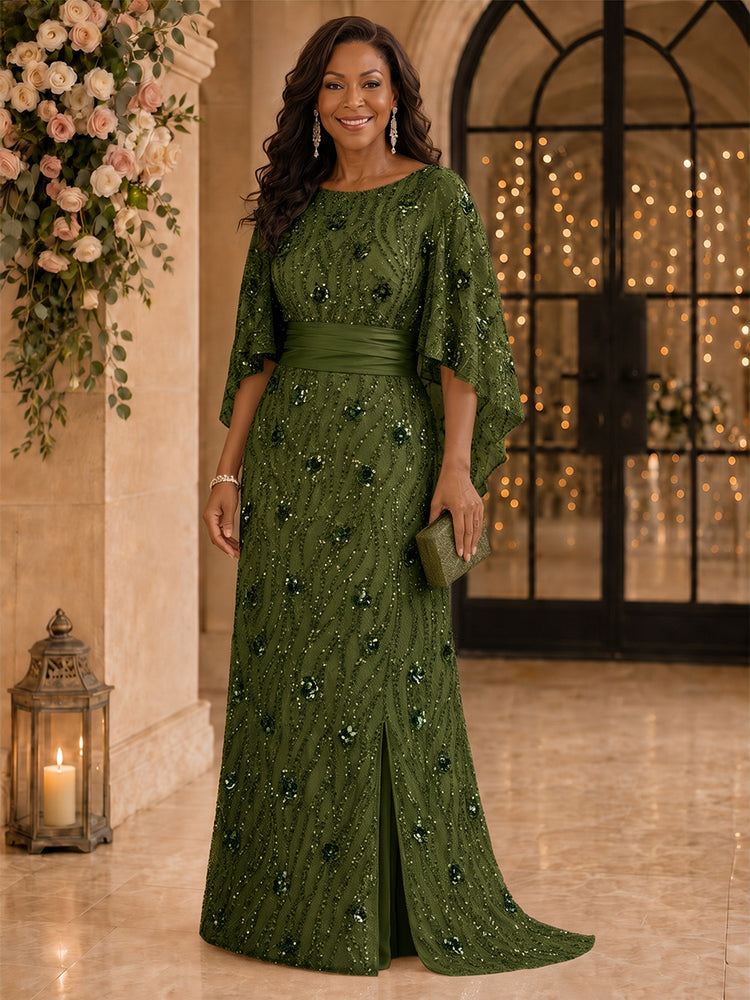 Sequin Mermaid Scoop Neck Long Mother of the Bride Dresses with Slit