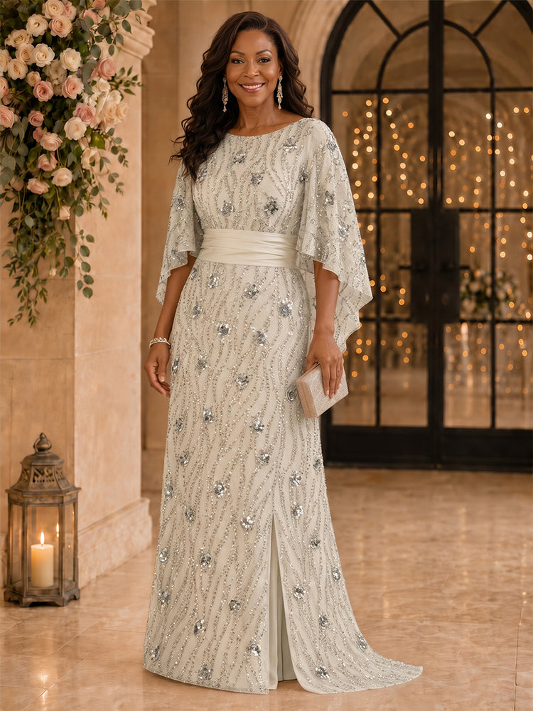 Sequin Mermaid Scoop Neck Long Mother of the Bride Dresses with Slit