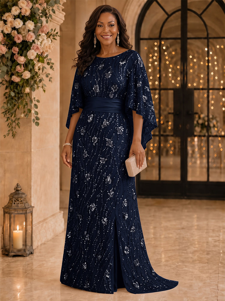 Sequin Mermaid Scoop Neck Long Mother of the Bride Dresses with Slit
