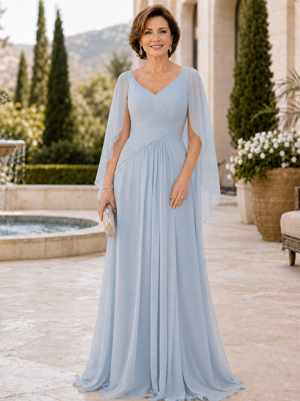 Chiffon A-Line V Neck Long Mother of the Bride Dresses with Pleated