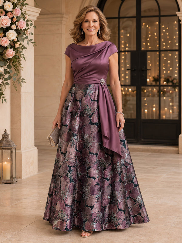 Satin Jacquard A-Line Cowl Neck Long Mother of the Bride Dresses with Ruffles