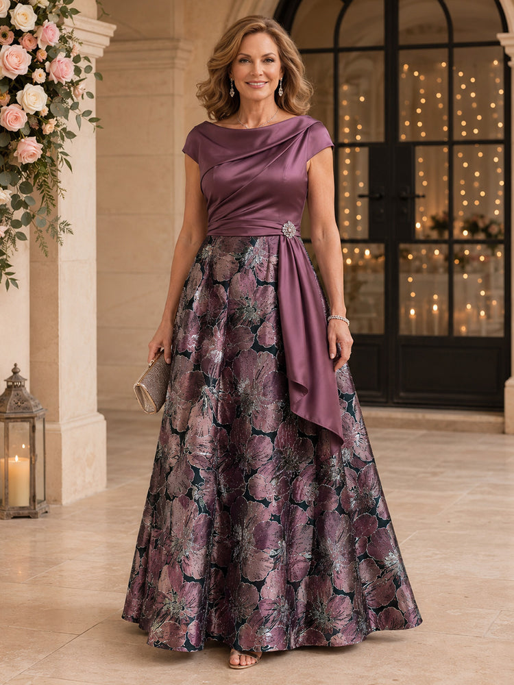 Satin Jacquard A-Line Cowl Neck Long Mother of the Bride Dresses with Ruffles
