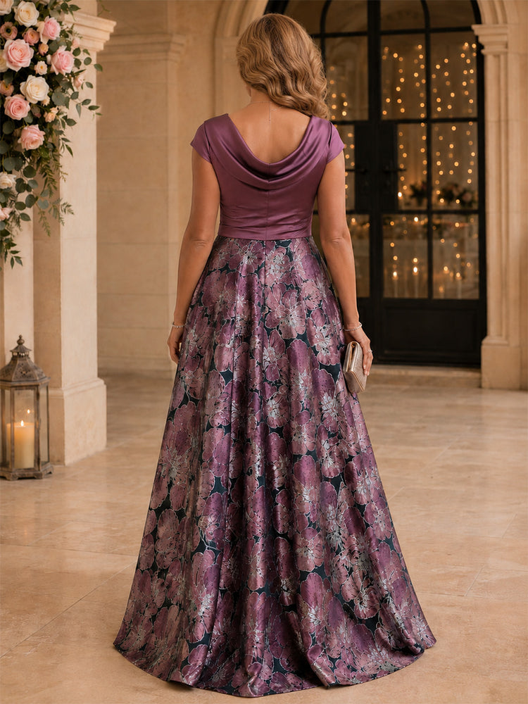 Satin Jacquard A-Line Cowl Neck Long Mother of the Bride Dresses with Ruffles