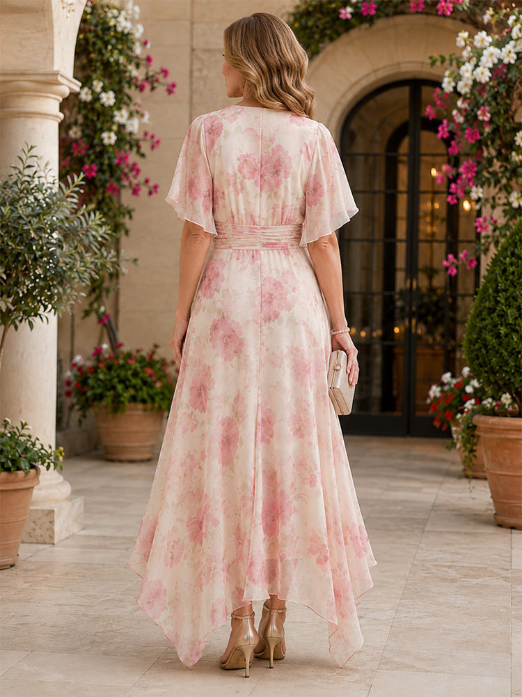 Chiffon Floral Mermaid V Neck Long Mother of the Bride Dresses with Ruffles