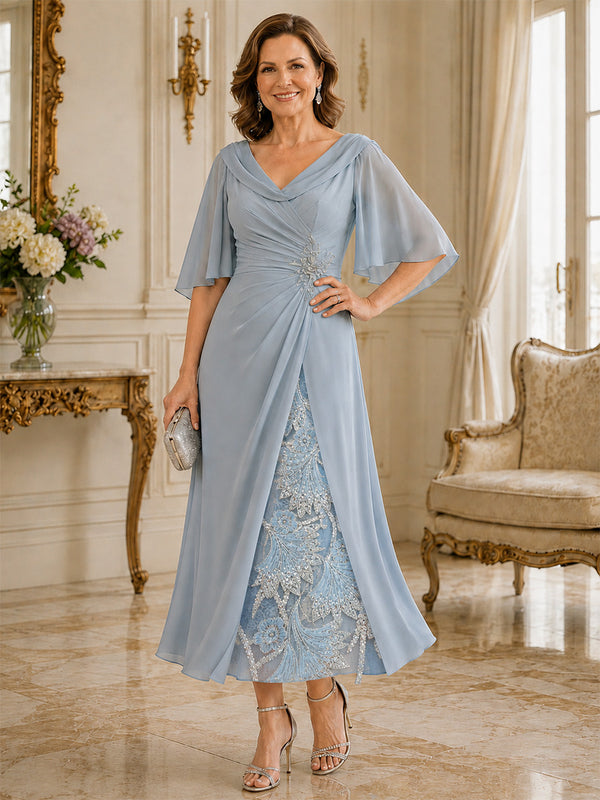 Chiffon Mermaid V Neck Long Mother of the Bride Dresses with Pleated