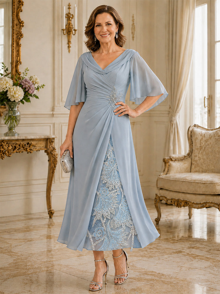 Chiffon Mermaid V Neck Long Mother of the Bride Dresses with Pleated
