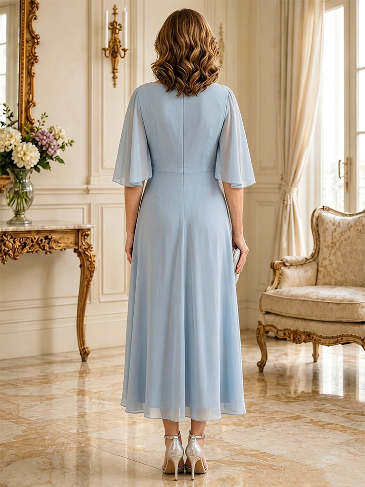 Chiffon Mermaid V Neck Long Mother of the Bride Dresses with Pleated
