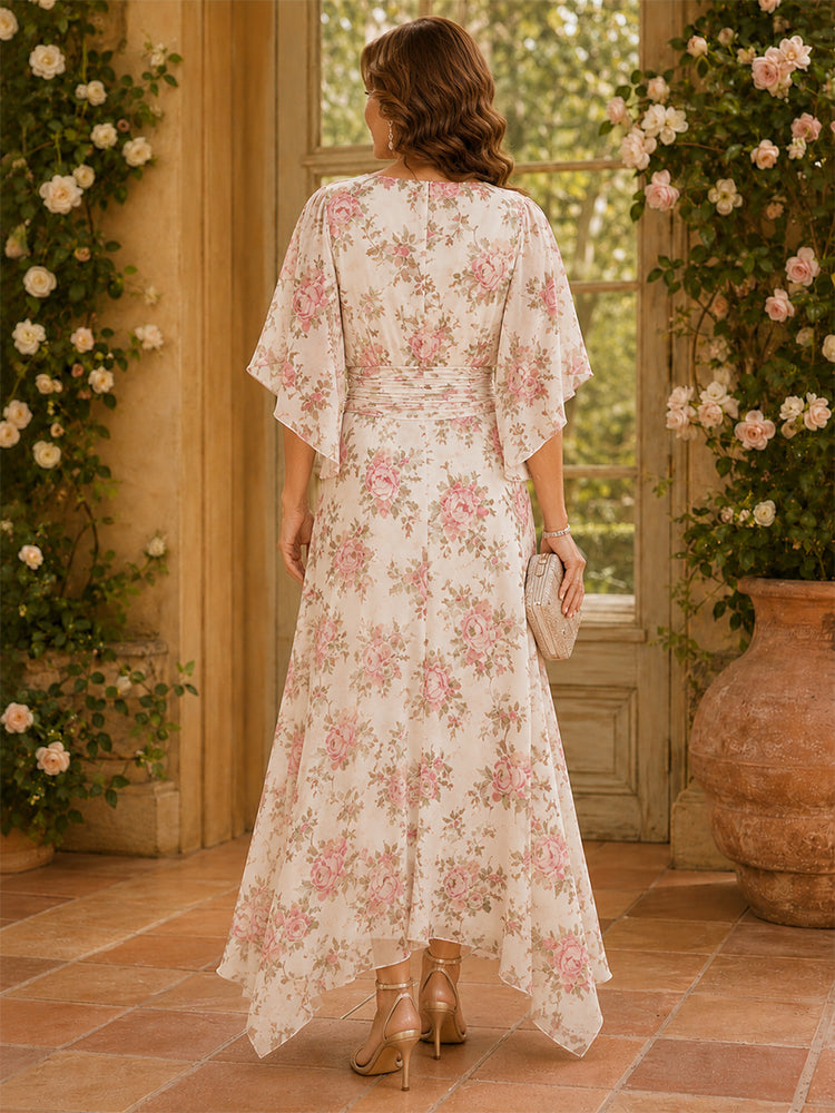 Chiffon Floral Mermaid Cowl Neck Long Mother of the Bride Dresses with Pleated