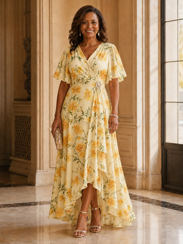 Chiffon Floral A-Line V Neck Long Mother of the Bride Dresses with Pleated