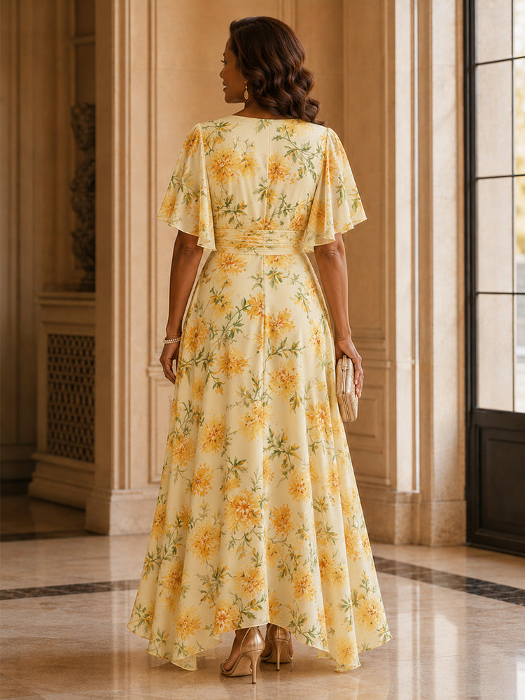 Chiffon Floral A-Line V Neck Long Mother of the Bride Dresses with Pleated