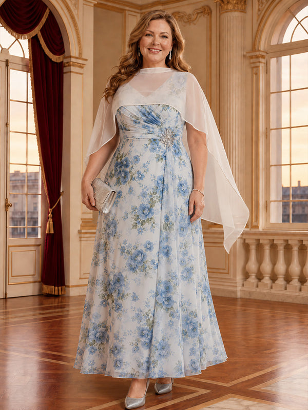 Chiffon Floral A-Line High Neck Long Mother of the Bride Dresses with Rhinestone