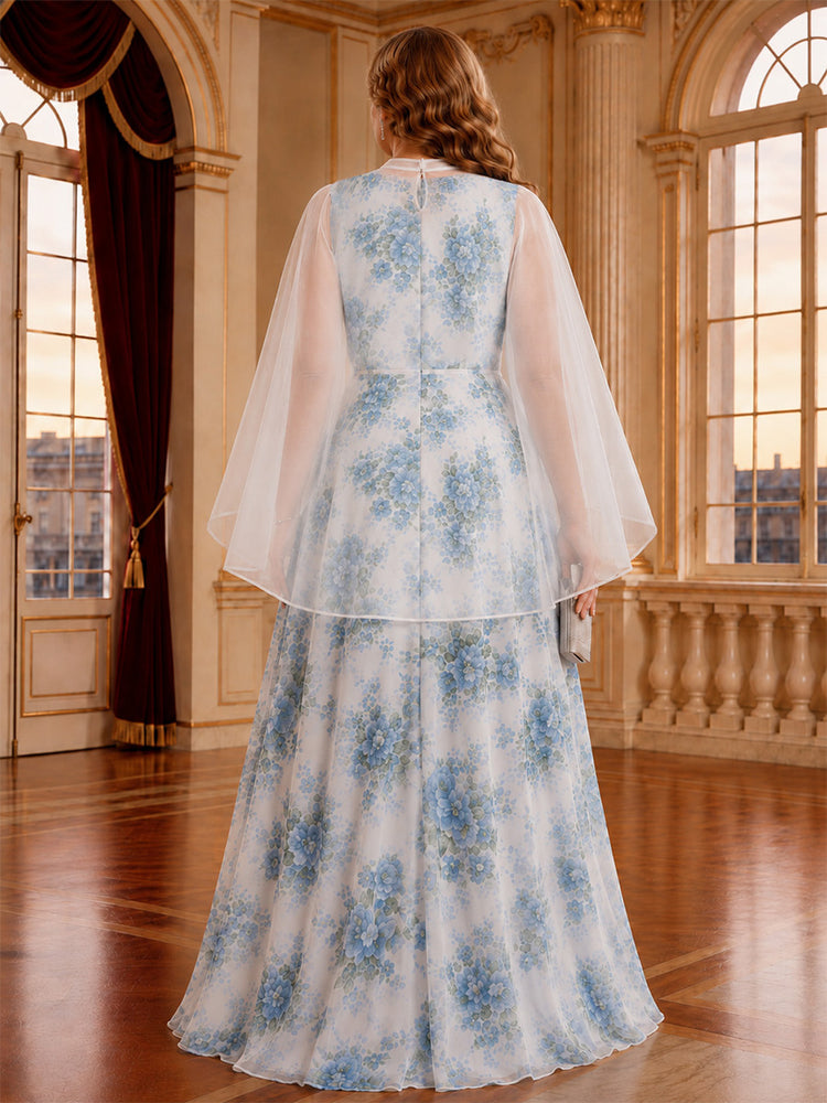 Chiffon Floral A-Line High Neck Long Mother of the Bride Dresses with Rhinestone