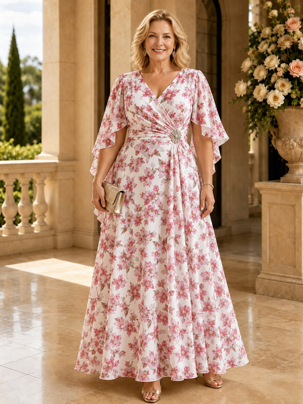 Chiffon Floral A-Line V Neck Long Mother of the Bride Dresses with Floral Print