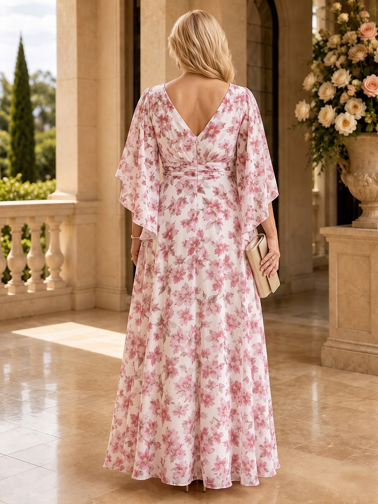 Chiffon Floral A-Line V Neck Long Mother of the Bride Dresses with Floral Print