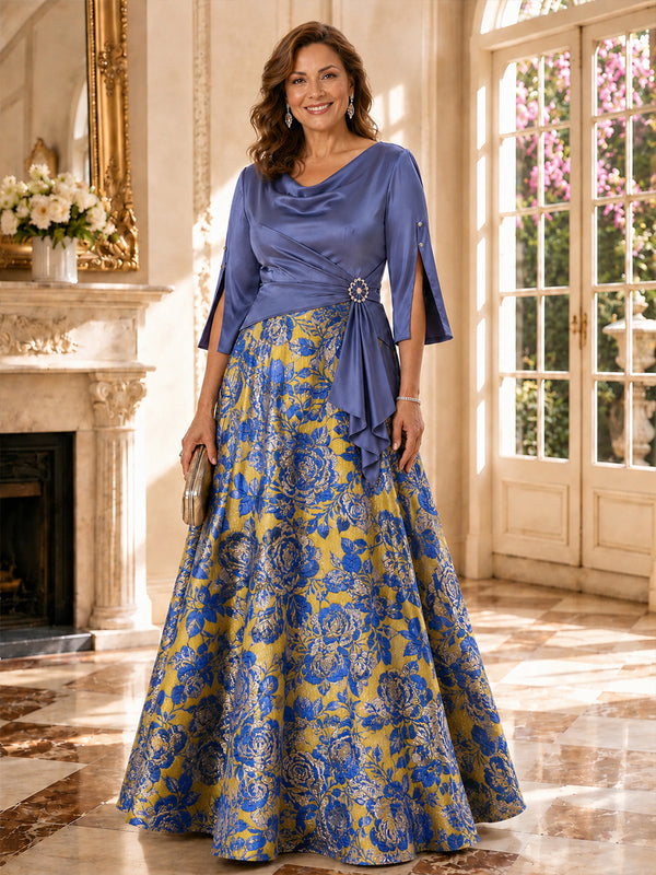 Jacquard A-Line Cowl Neck Long Mother of the Bride Dresses with Ruffles