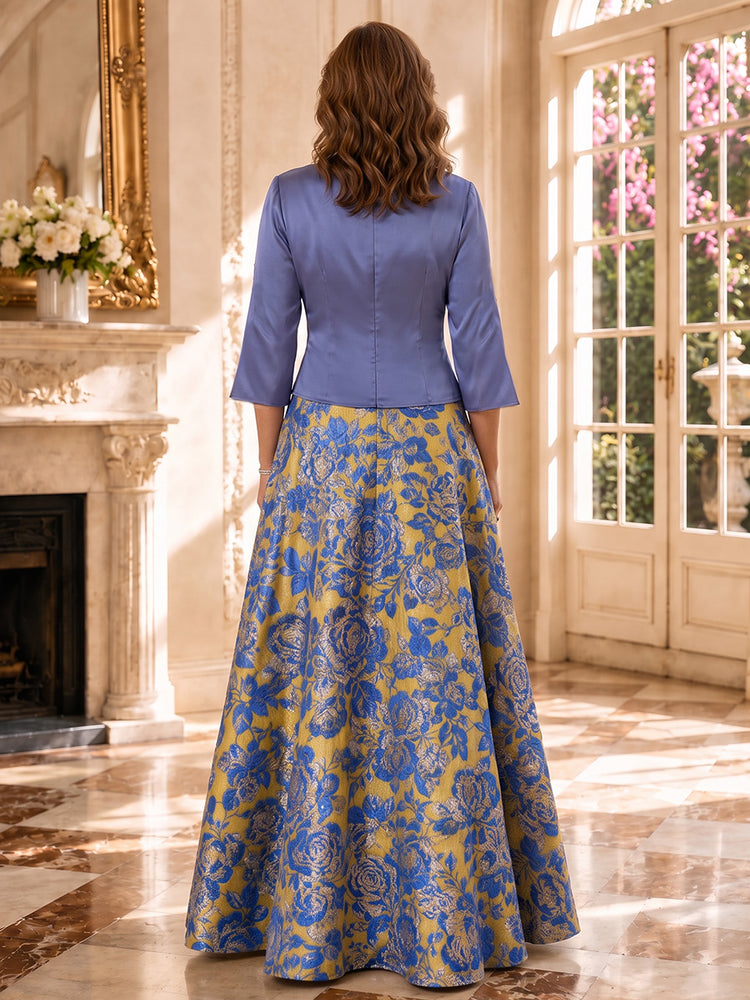 Jacquard A-Line Cowl Neck Long Mother of the Bride Dresses with Ruffles