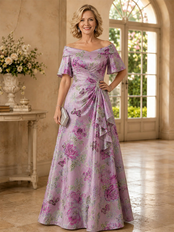 Satin Jacquard A-Line Cowl Neck Long Mother of the Bride Dresses with Ruffles