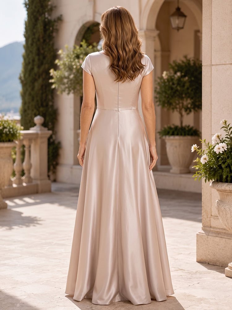 Satin A-Line V Neck Long Mother of the Bride Dresses with Ruffles