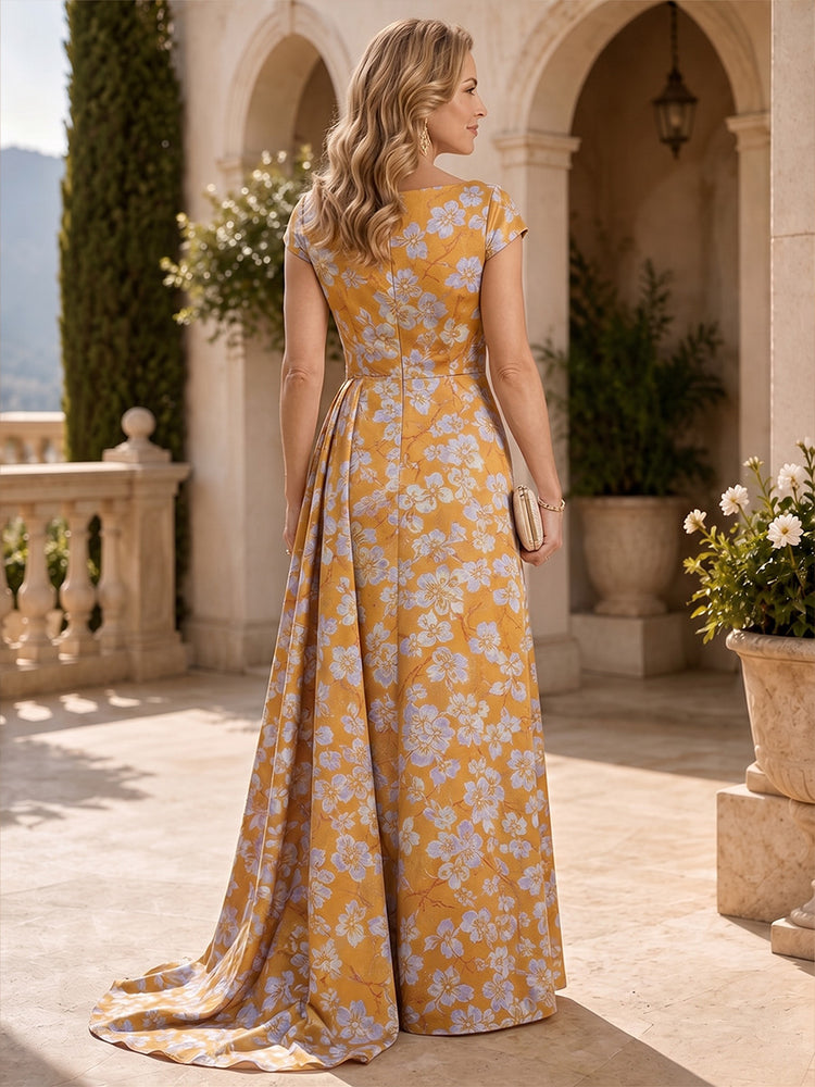 Jacquard A-Line Scoop Neck Long Mother of the Bride Dresses with Ruffles