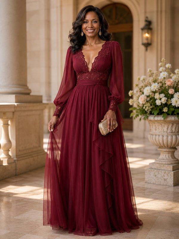 Chiffon A-Line V Neck Long Mother of the Bride Dresses with Pleated