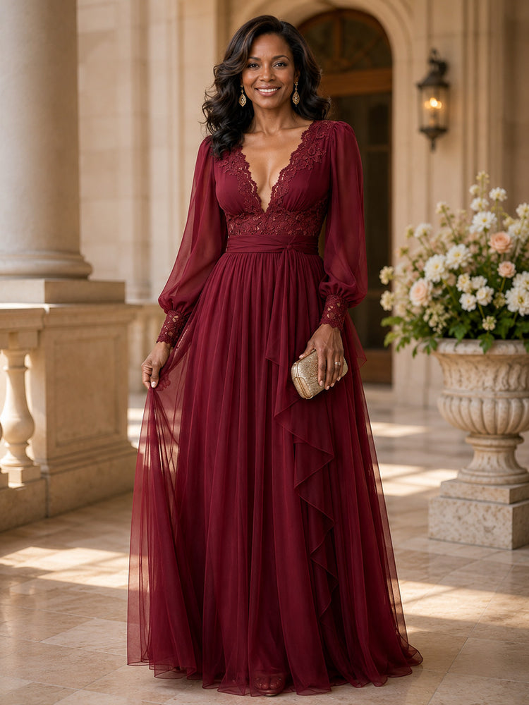 Chiffon A-Line V Neck Long Mother of the Bride Dresses with Pleated