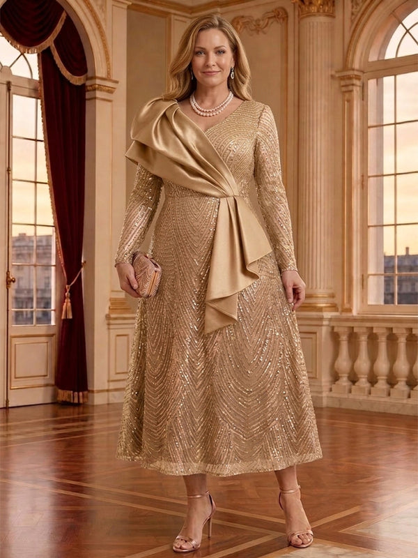 Sequin A-Line V Neck Long Mother of the Bride Dresses with Ruffles