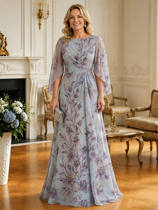 Floral A-Line Round Neck Long Mother of the Bride Dresses with Ruffles