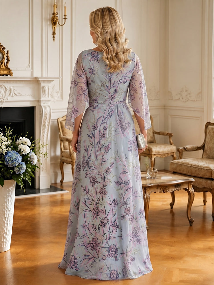 Floral A-Line Round Neck Long Mother of the Bride Dresses with Ruffles